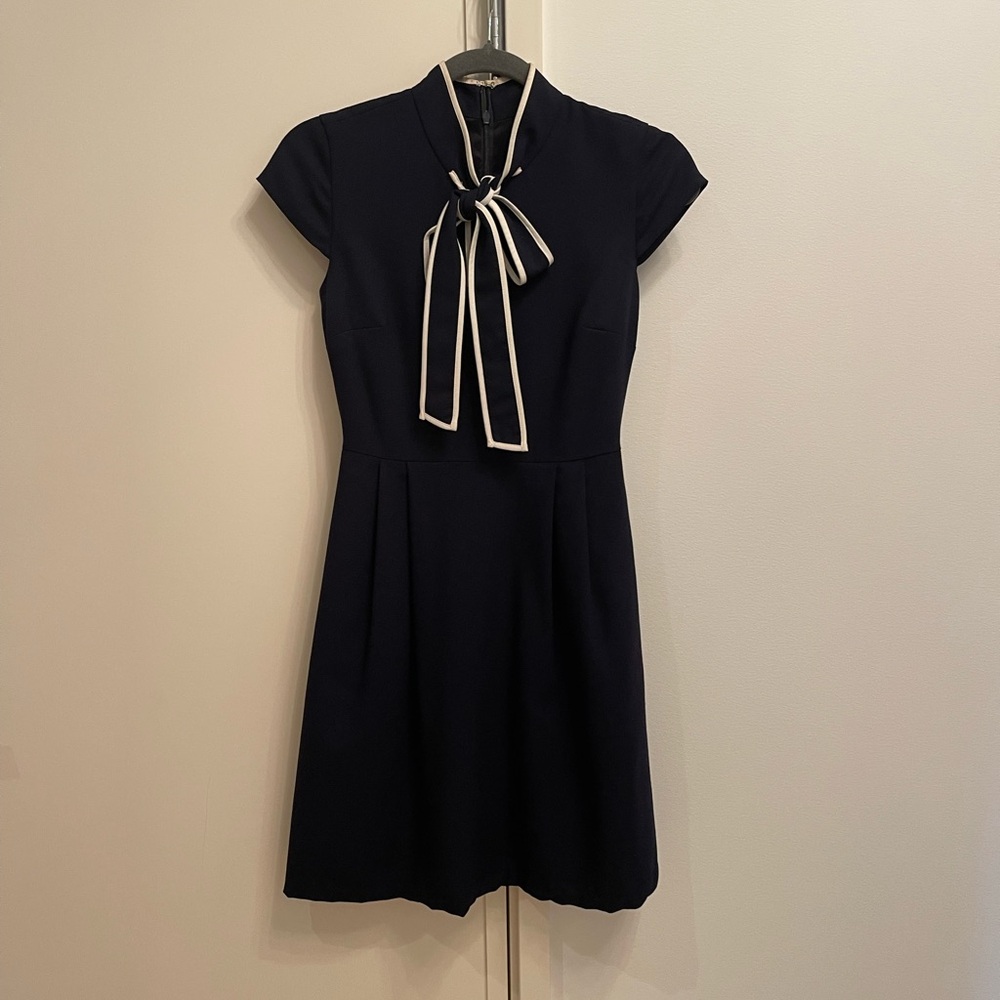 J. Crew Petite Navy and White Mini Dress with Bow P00